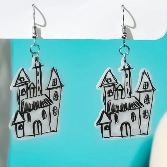 “Haunted House” Manor Mansion Castle Etched Sketch Drawing Halloween Art Dangles - Picture 3 of 3